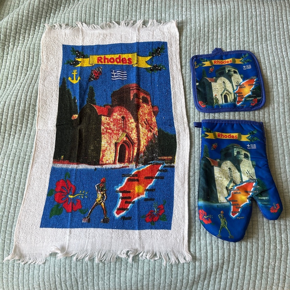 Rhodes, Greece Kitchen Towel, Potholder & Oven Mitt Set